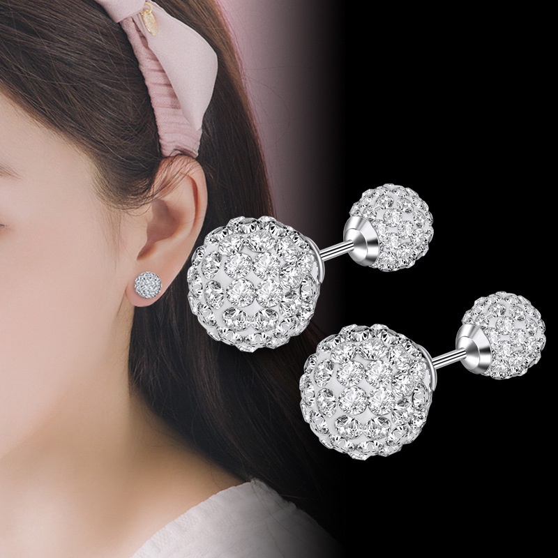 Anting Perak 925 Wanita Berlian Imitasi Manik-manik Ganda Perhiasan Fashion/Subang Telinga anting perempuan