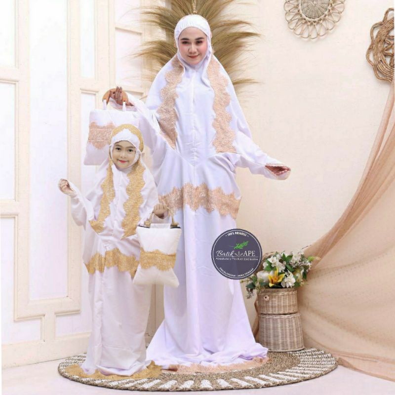 COUPLE MUKENA RENDA WARNA LAJUR TERUSAN IBU DAN ANAK BAHAN PUTIH ADEM KATUN POLINO PREMIUM SYARI