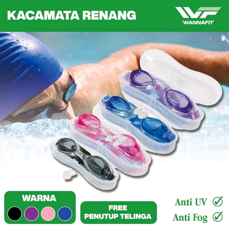 Kacamata Renang Wannafit Anti Fog Uv Free box Kacamata+Penutup telinga