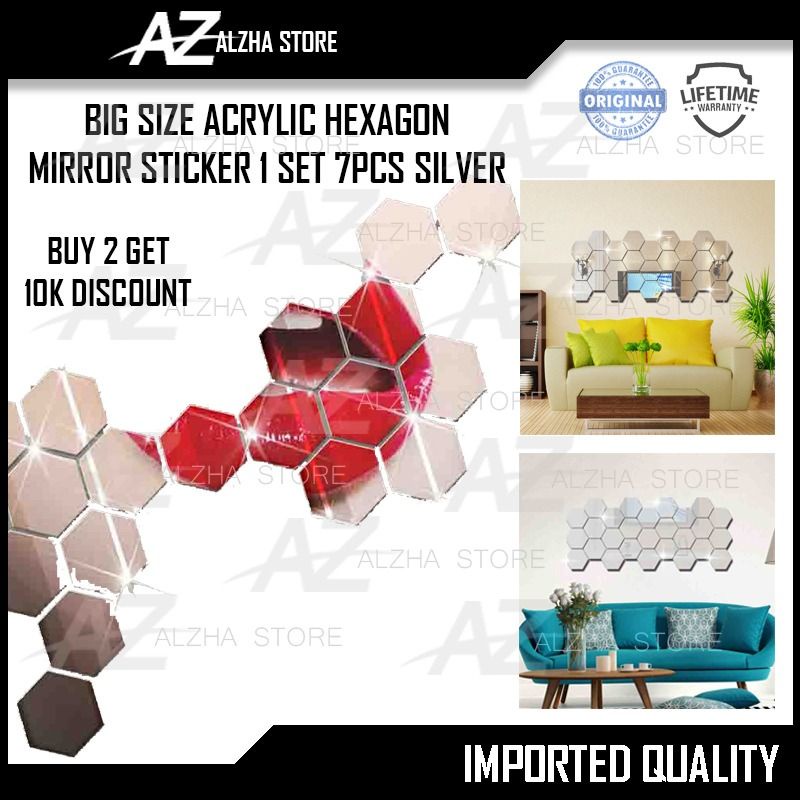 

[BEST QUALITY] BIG SIZE ACRYLIC HEXAGON MIRROR STICKER 1 SET 7PCS SILVER SEGI ENAM