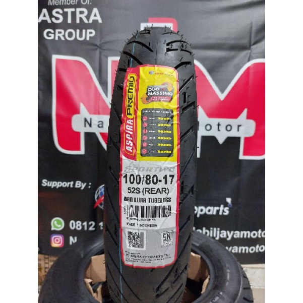 Ban Belakang Aspira Premio Sportivo Tubeless 100/80-17 untuk Honda CB 150 R, Supra X125, Revo, Blade