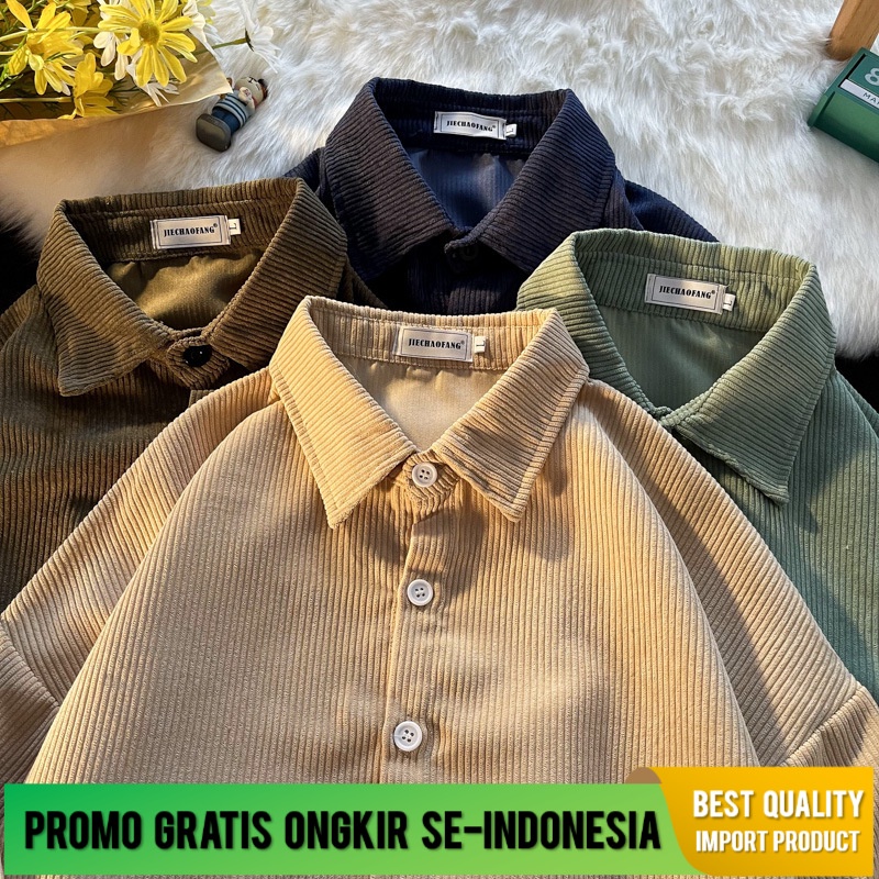 Kemeja Lengan Panjang Corduroy Korea Tren Kasual Pemuda Pria Hong Kong Ruan Impor