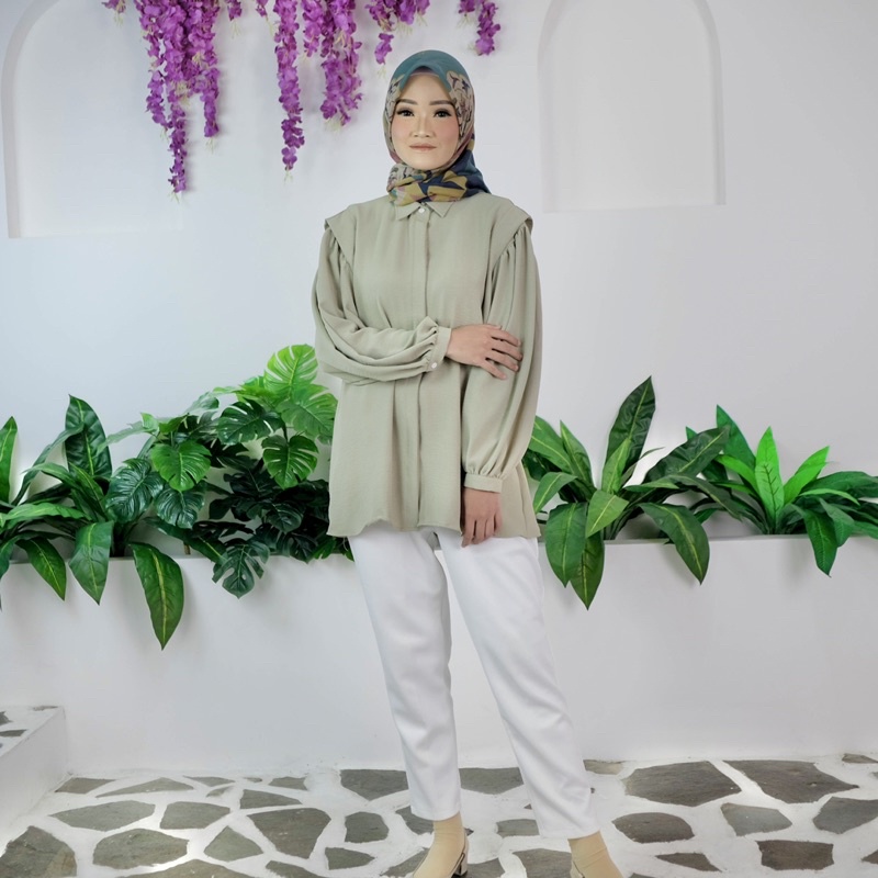 BLOUSE CRINKLE POLOS WANITA ATASAN BAJU BLOUSE ALENA CRINKLE MATCHA LATTE