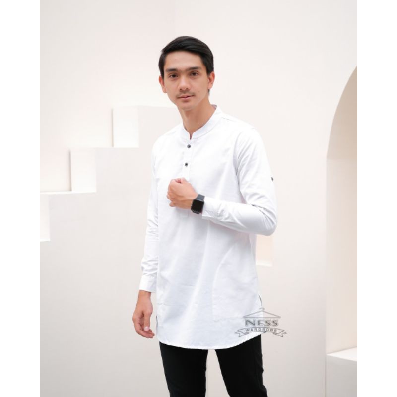 Ness Baju Koko Muslim Pria Dewasa Long Sleeve Slim Fit Canvas Putih