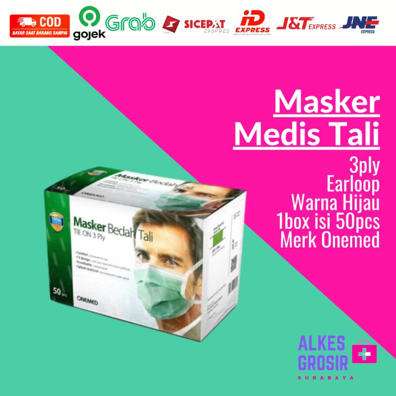 Masker Medis Tali 3ply Isi 50pcs ONEMED ORIGINAL Earloop Hijab Warna Hijau Tebal Surgical Mask