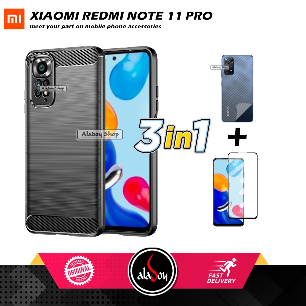 PAKET 3IN1 Case Xiaomi Redmi Note 11 Pro Ipaky Carbon Casing + Tempered Glass Layar Full Cover + Skin Carbon 3D Film