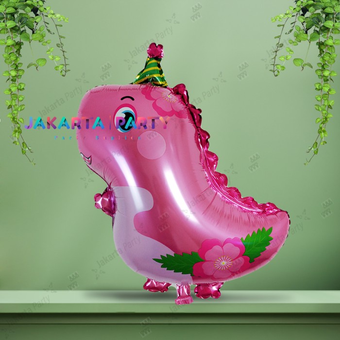 Balon Karakter Dino Topi Pink / Balon Dino Lucu / Balon Dino Kartun