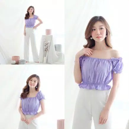 Atasan Baju Blouse Wanita Blus Korea Karen Sabrina Blouse Crop Top Kotak Pendek Fashion Wanita Murah