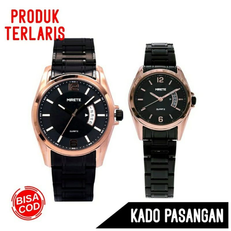 JAM TANGAN COUPLE PRIA DAN WANITA RANTAI STAINLI STEL MIRETE HITAM RISGOLD JAMNTANGANNKADUAL PRIA JAM TANGAN KASUAL WANITA FASHION COWOK/CEWEK JAM TANGAN ANTI AIR BESST SELLER