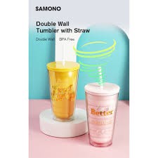 Tumbler Botol minum 600ml Food Grade BPA Double Straw Cup Samono SC002