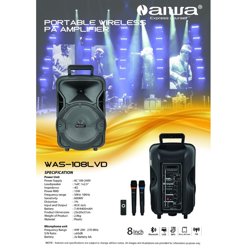 Speaker Portable Meeting Wireless AIWA WAS 108LVD 8 inch