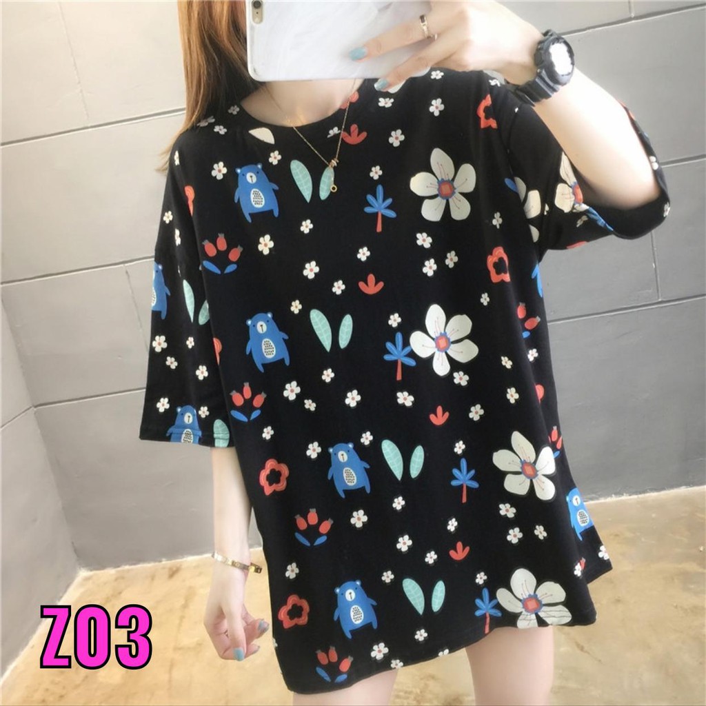 Oversize Tee Tshirt   Wanita Model Longgar Motif Bear Bunga Z03