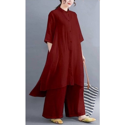 HOT DEALS Titan Set / Setelan Katun Linen Terbaru / Atasan Long Tunik + Celana Kulot / Fashion