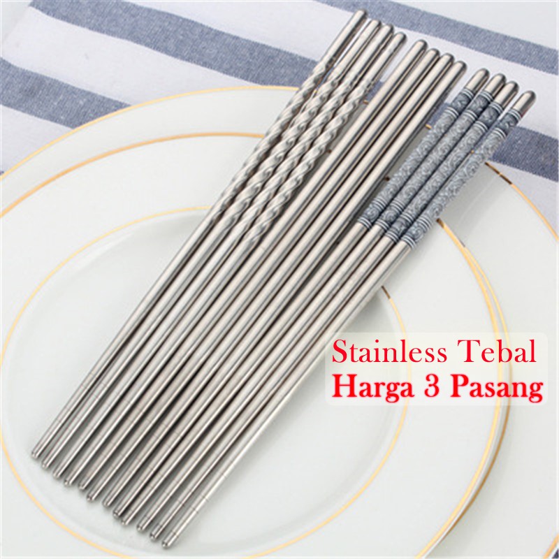 Chopsticks Stainless Tebal Sumpit Stainless 3 Pasang Motif Ulir Polos High Quality