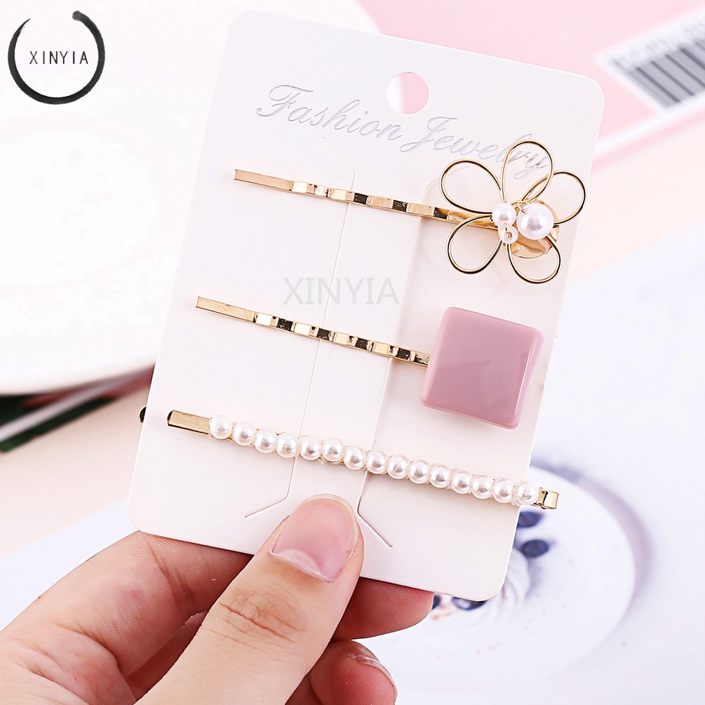 【5 Groups】3pcs/set Korea Jepit Rambut Bunga Metal Pearl Hairpin Clip Hairclip