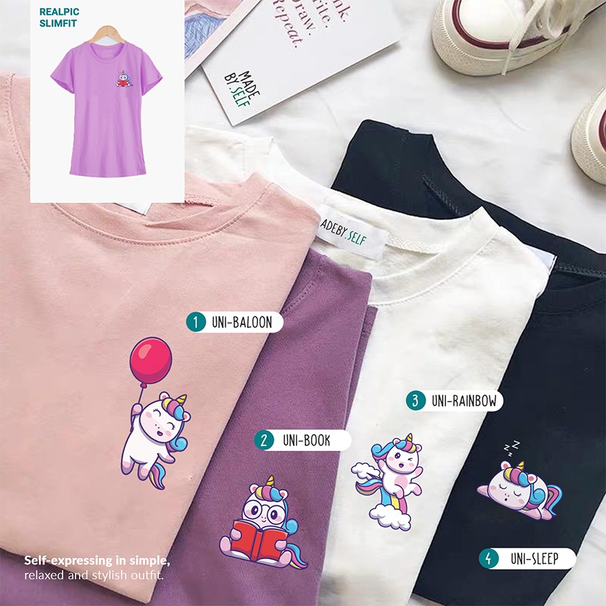 Kaos Wanita Santai Slim Fit - Unicorn Sablon Print Motif Karakter Lucu Cute Kawai Cotton Combed 30s