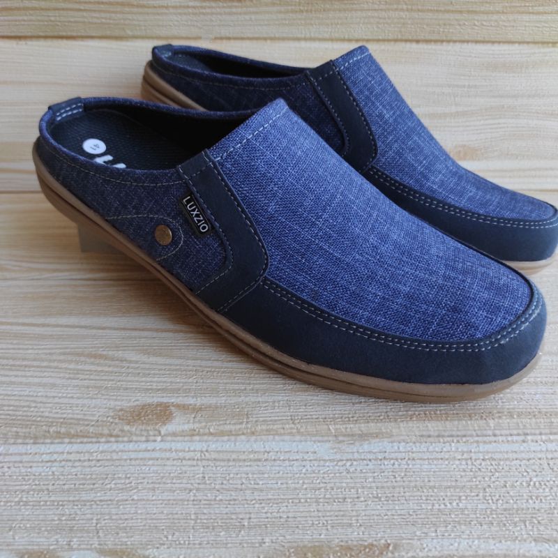 Sandal Selop Bustong Pria Slip On Jeans Slop Kasual Kulit Sintetis Premium Sol Lentur Kanvas Cowok