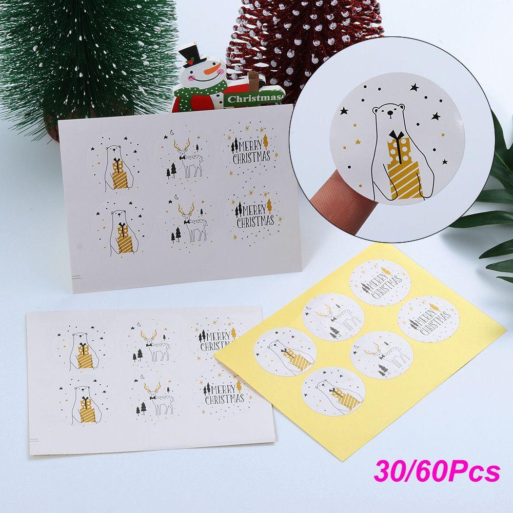 Solighter 30/60Pcs Kertas Kado Stiker Elk Perlengkapan Pesta Biskuit Gift Box Bear &amp; Deer Sealing Craft Merry Christmas