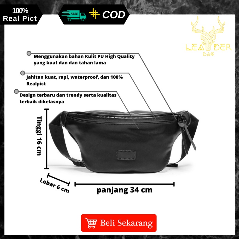 Waist Bag Kulit Pria Original Model Terbaru Warna Hitam Atau Tas Pinggang Selempang Kulit Cowok Distro Import LESLY