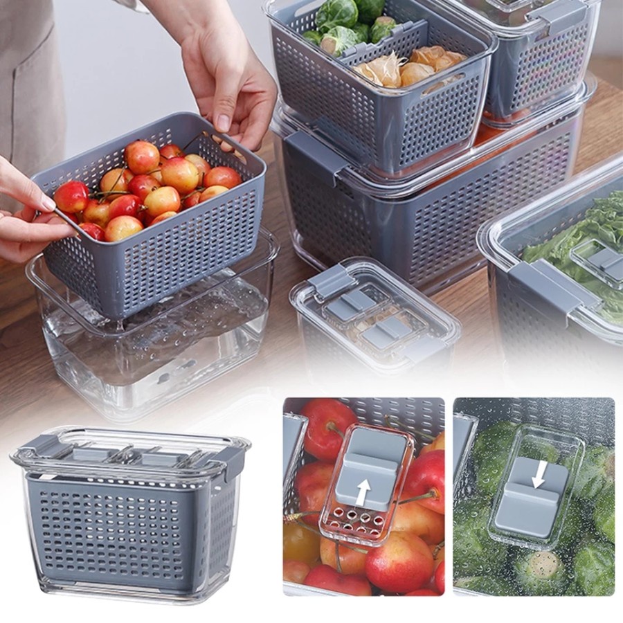 Toples Penyaring Ukuran Medium Kotak Penyimpan Makanan Kulkas Keranjang Box Container Kontainer Peyimpanan Penyaring Strainer Cuci Sayur Buah - Medium