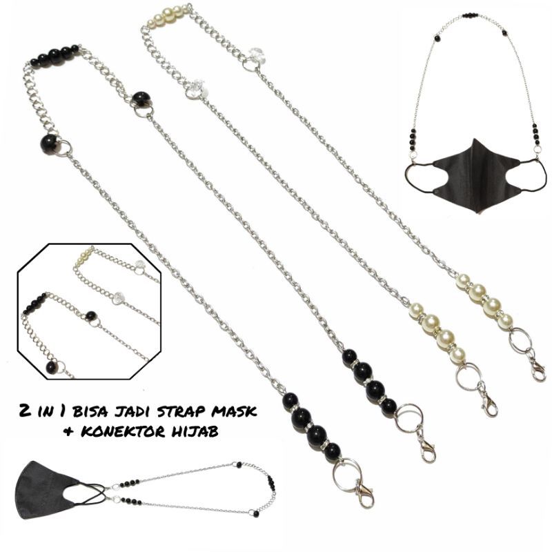 2in1 Strap Mask + Konektor Masker Hijab Elle Pearl Silver Ring Chain Rantai Multifungsi