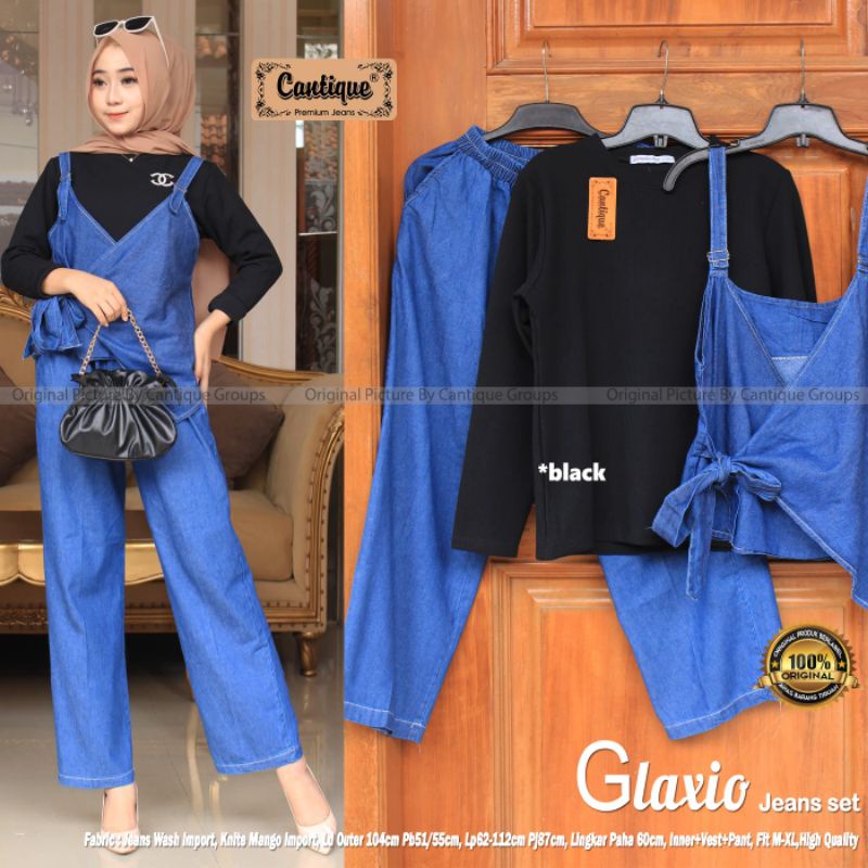 Glaxio Jeans Set Pakaian Wanita Setelan Inner + Vest +  Pant Fab Jeans Wash Import Knite Mango Impor