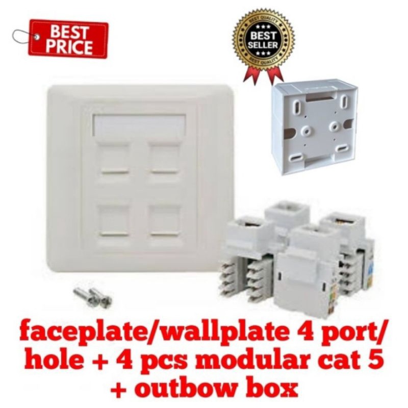 Face plate Wallplate 4 port Rj45 Cat5e +modular Rj45+OutBow Box