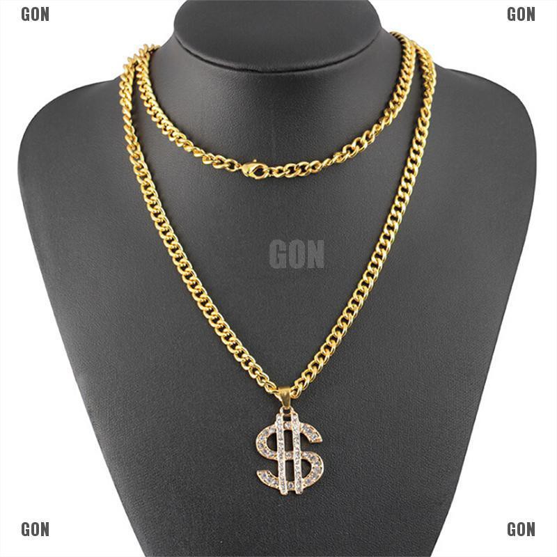 Kalung Liontin Bentuk Dollar Lapis Emas Aksen Kristal Gaya Hip Hop