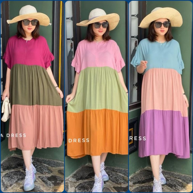 BISA COD GALERIAZKIYA LAURA DRESS MIDI DRESS PENDEK RAINBOW DASTER PELANGI DRESS ICE CREAM WARNA WAR