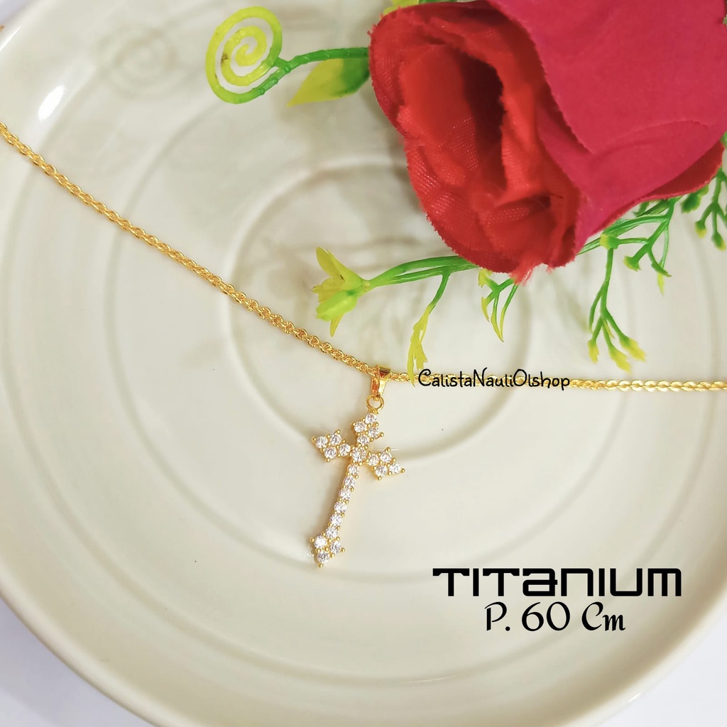 PROMO!! TITANIUM KALUNG SALIB TERMANIS FULL PERMATA ZIRCON PERHIASAN ANTI KARAT&amp;ANTI LUNTUR