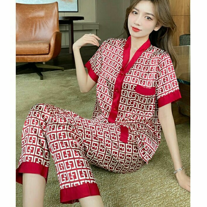 0483 Setelan piyama baju tidur satin merah wanita import Fashion wanita baju tidur satin set celana 