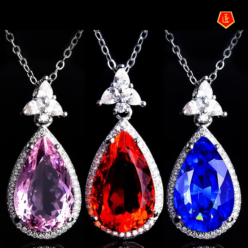 [Ready Stock]Elegant Blue Pear-Shaped Pendant Pink Crystal Gems Necklace for Women