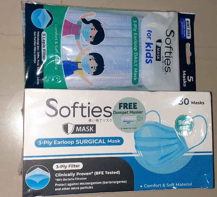 Masker Softies 3ply Isi 5pc Daily Kids Anak Hijab Pink Biru Earloop Head Loop Batik Parang Japanese