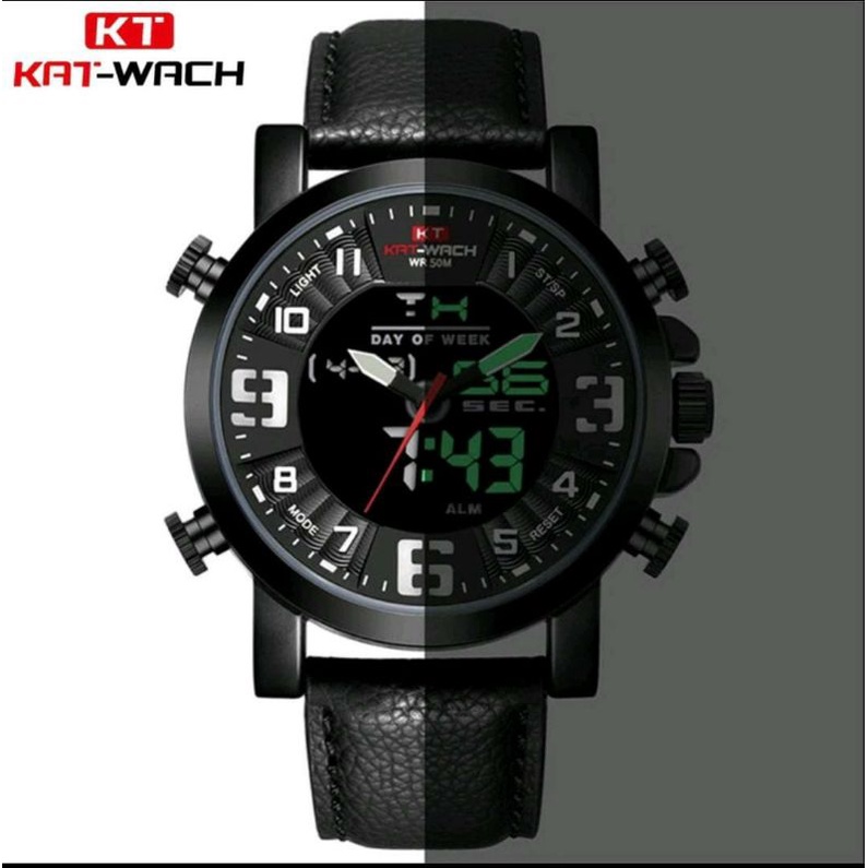 0KAT-WACH KT1845 Jam Tangan Pria Digital Analog Tali Kulit Luminous CURRENOS