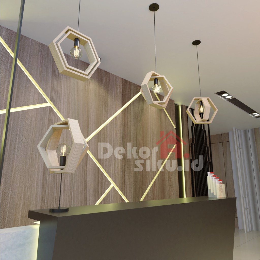 Lampu Gantung Hexagonal Segienam Kayu Jati Belanda Dua Lapis Minimalis Supra Industrial Vintage