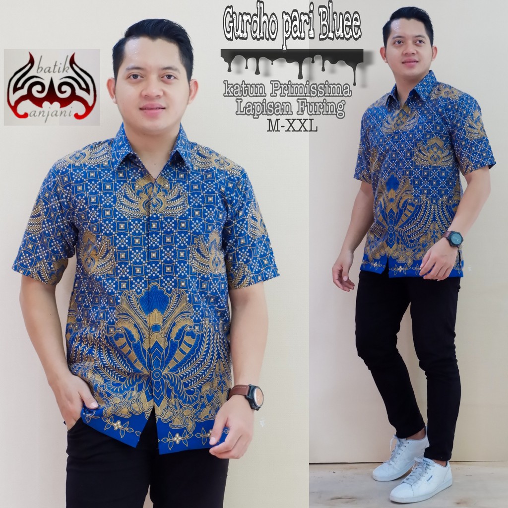 GURDHO PARI BLUEE ANJANI KEMEJA BATIK SOLO PRIA LENGAN PENDEK LAPIS FURING ATASAN BATIK PREMIUM MODERN KATUN HALUS SKANDIA NAVY BAWARA MERAH BAWARA BIRU BAWARA ORANGE DARUN BIRU RENJANI SOGAN RENJANI LAWASAN BAYU SUTA PARANG LASEM GURDO HATI DEWANDARU