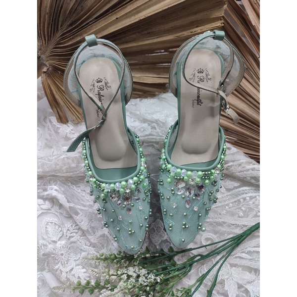 sepatu wanita wedding Zaneta sage green tali 12cm tahu