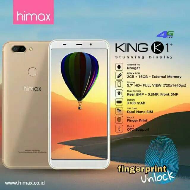 Himax M24s King K1+, Ram 2/16 GB, LCD 5.7 inch, Fingerprint, Triple Kamera, Baterai 3200 mAh,Garansi
