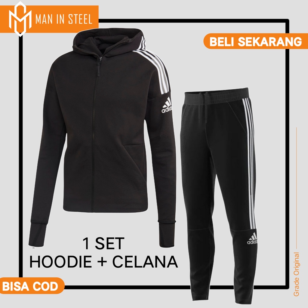 Setelan Stelan Set Training Traning Olahraga Sport Jogging Branded Panjang Pria Wanita Hitam