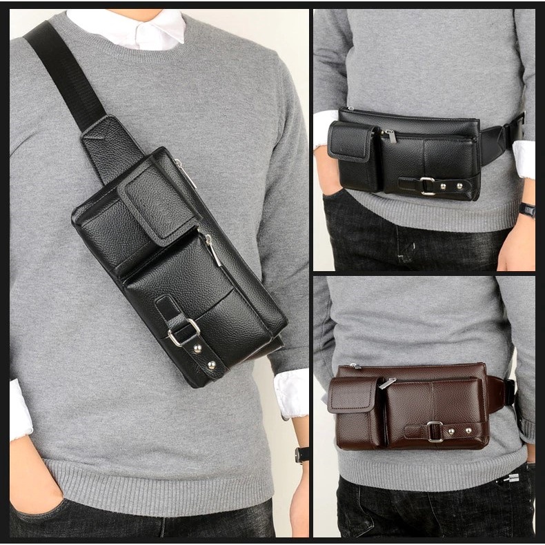 Tas Selempang Pinggang Kulit Import Waist Bag Pria Distro Murah Terbaru