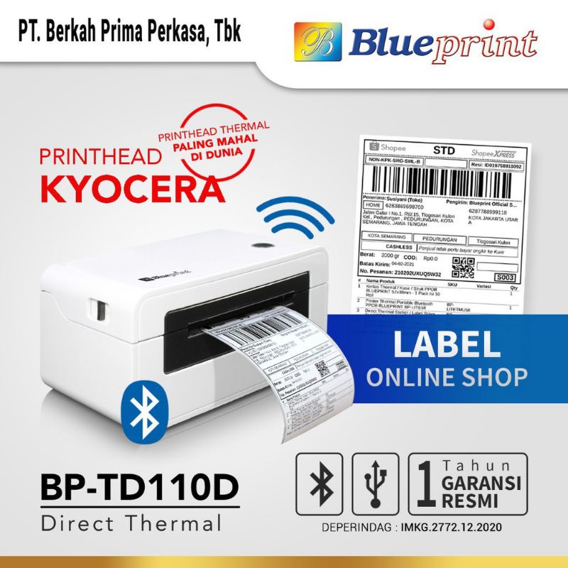 BP-TD110D Printer Resi Label Pengiriman A6 100x150 BLUEPRINT 110D Bluetooth Thermal Sticker Barcode