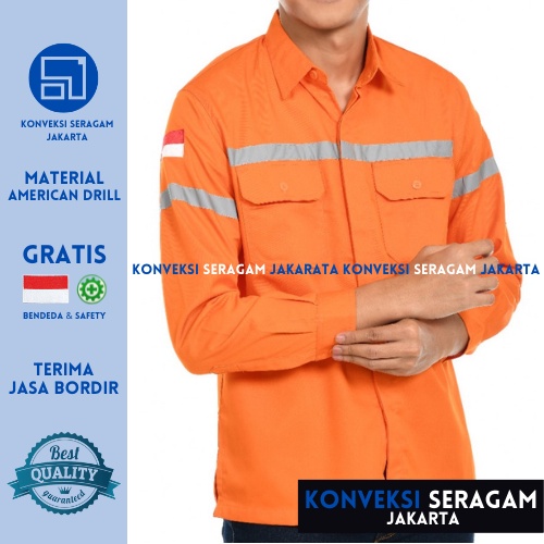 Baju Kemeja Safety K3 Lengan Panjang - Seragam Kerja Atasan Wearpack Werpack Werpak Proyek Tambang Warna Orange Oren Pria Wanita - Konveksi Seragam Jakarta