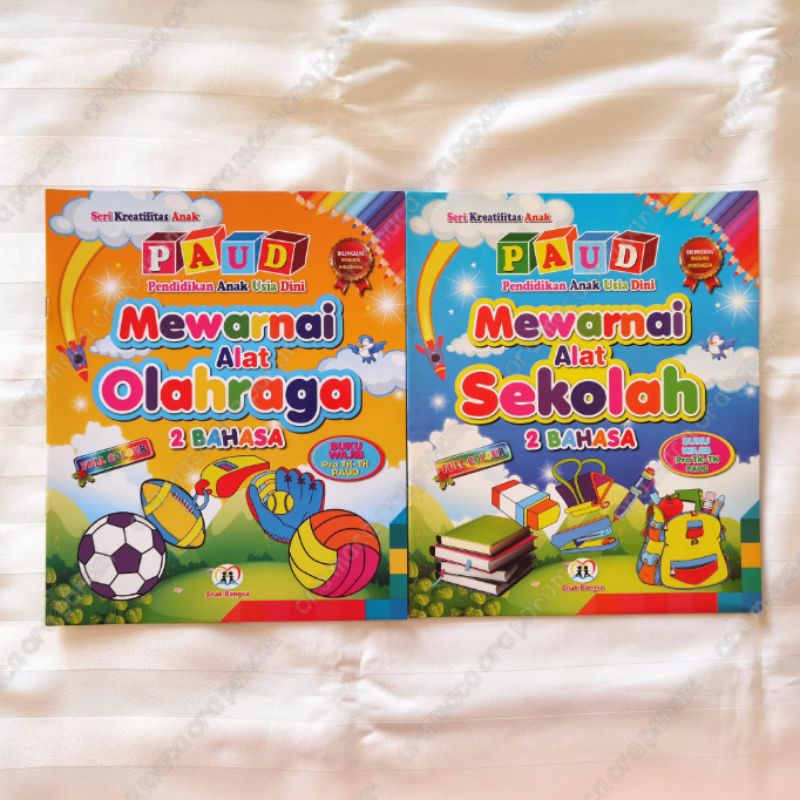 Buku PAUD Seri Kreatifitas Anak Mewarnai Alat Olahraga dan Sekolah 2 Bahasa