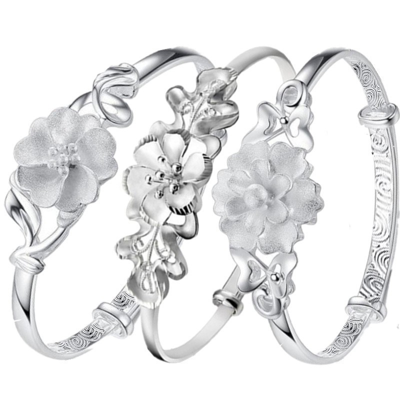 Gelang perak sterling 925 untuk bunga wanita perhiasan fesyen gelang tekan-tarik