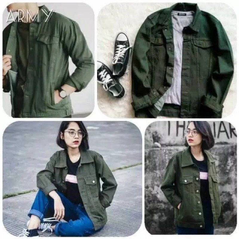 Jaket jeans green army / hijau tua unisex jumbo bigsize