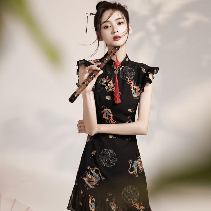 Fishtail cheongsam young girl summer improved version small Chinese style dress bone etching short s