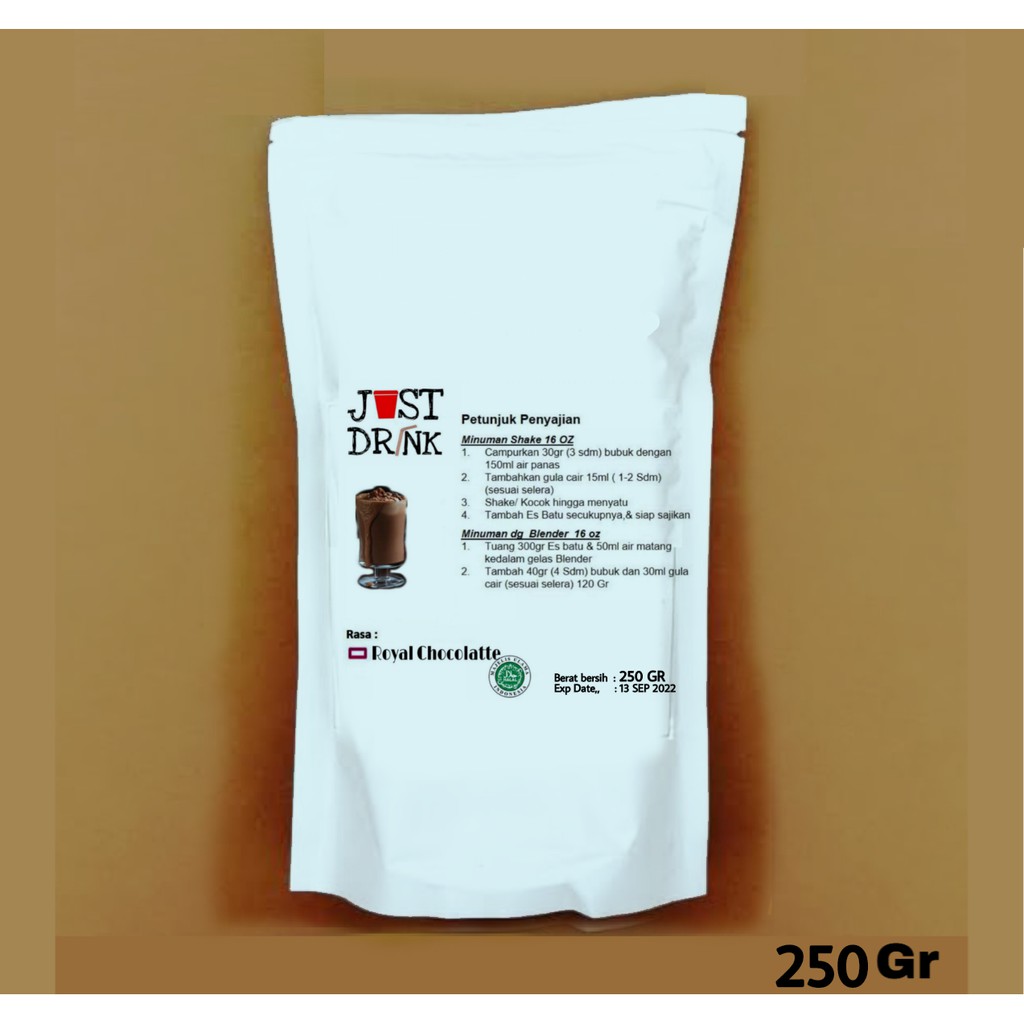 

JUST DRINK ROYAL CHOCOLATE Bubuk Minuman Kualitas PREMIUM Ice Blend Milk Shake Coklat Royal 250 GR