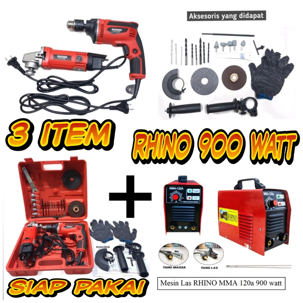 PROMO MURAH LEBAY PAKET 3 SET TUKANG LAS : MESIN LAS RHINO 900 watt MERAH + BOR 10 MM + Gerinda 4" M