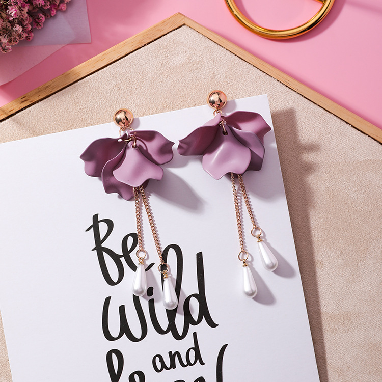 Anting Wanita Anting Bunga Dusty Pink Rumbai Mutiara Permata Aksesoris Fashion Earrings