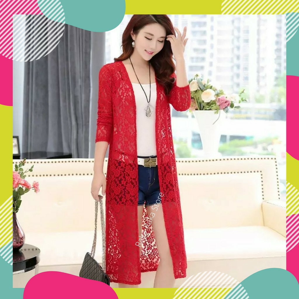 Kardigan Outerwear Wanita  Gardigan Cardigan Auter Cewek Panjang Kekinian Import Korea Bahan Brokat-Maroon